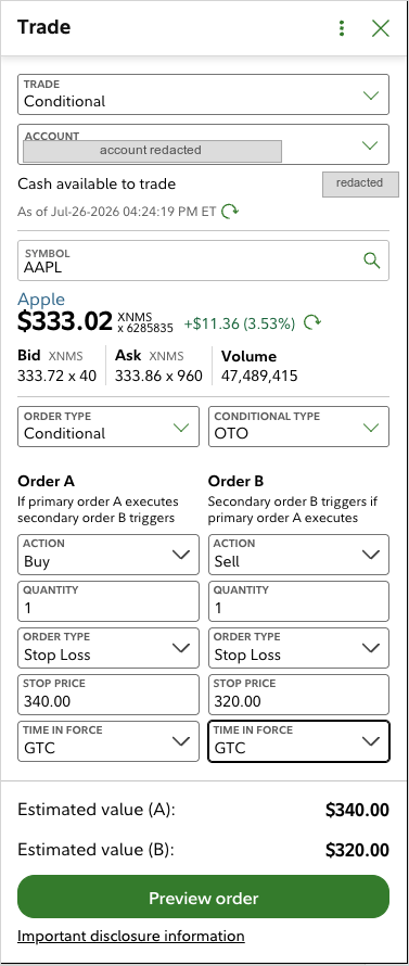 Fidelity mobile trade ticket set to Conditional with conditional type OTO, showing Order A as a buy stop-loss and Order B as the matching sell stop-loss