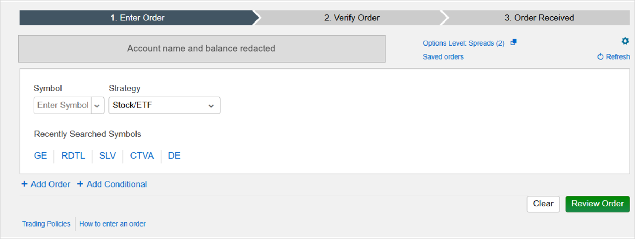 Schwab order ticket with the "+ Add Conditional" link at the bottom left of the ticket