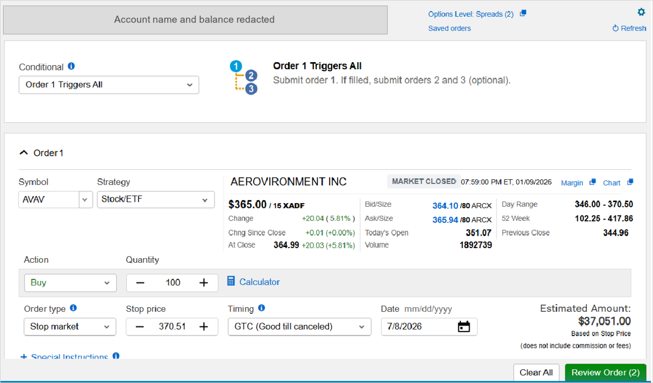 Conditional set to "Order 1 Triggers All", with Order 1 configured as a buy stop-market order