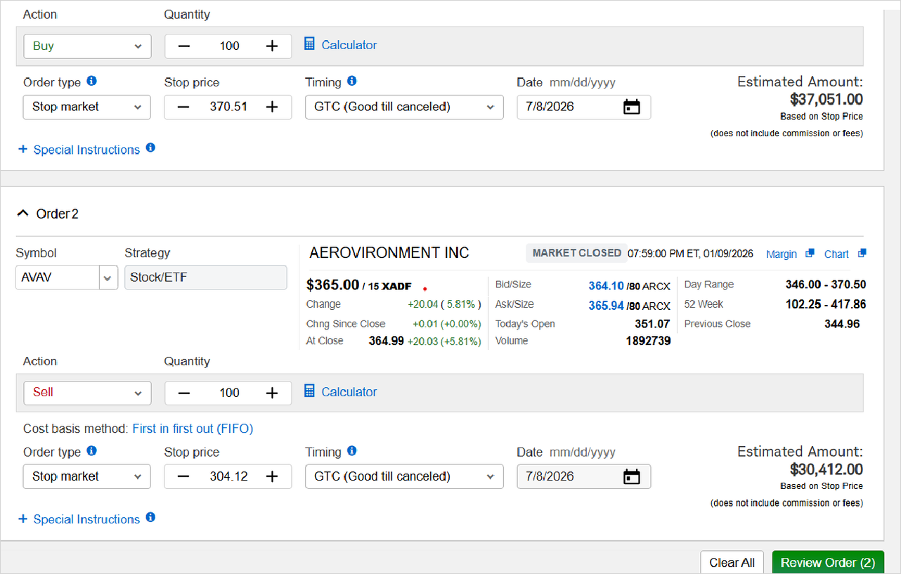Order 2 configured as the matching sell stop-market order, with cost basis method set to FIFO