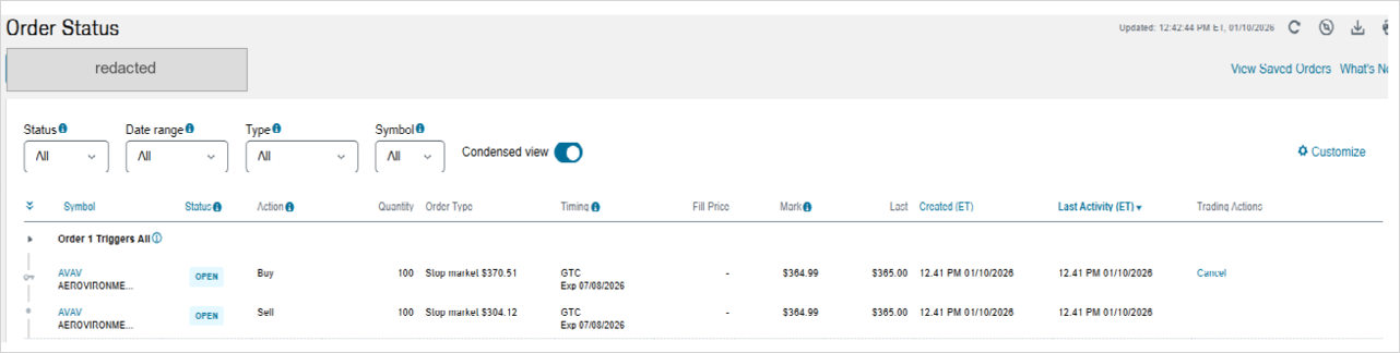 Order Status page showing both legs open under the Order 1 Triggers All group, with Cancel in the Trading Actions column